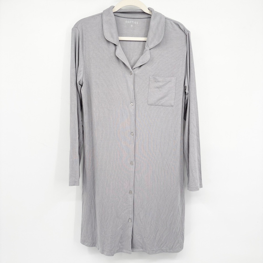 Softies Women Gray Ribbed Modal Long Sleeve Button Front Nightgown Sleep Shirt M